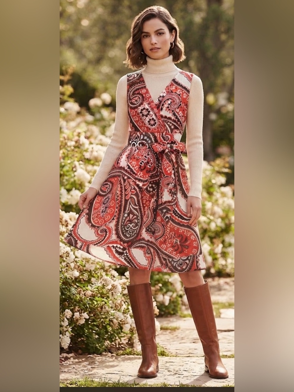 Talbots Red Brown Paisley Print Linen Blend Sleeveless Fit & Flare Dress Sz 12